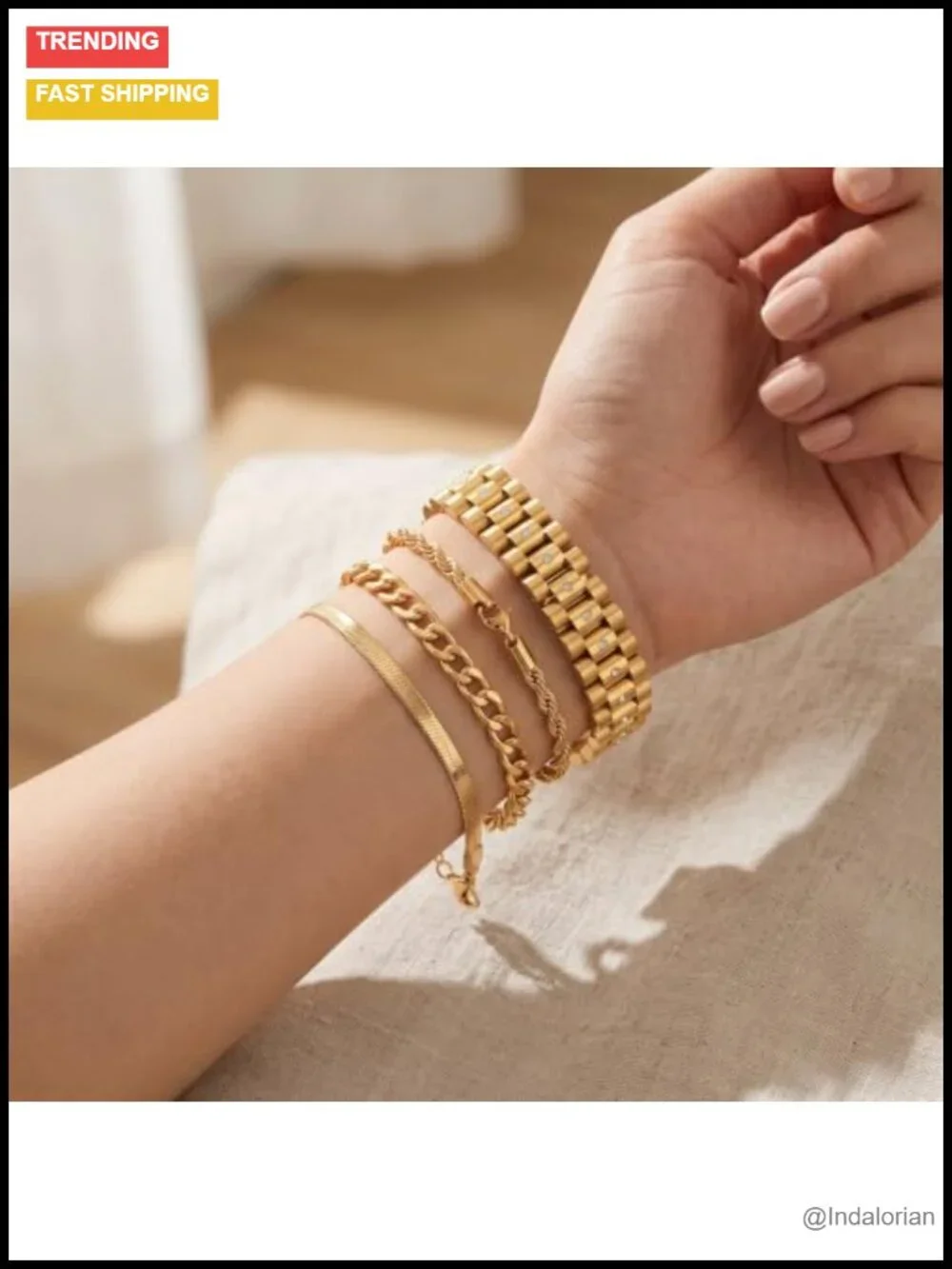 4-Piece 18K Gold-Filled Bracelet Set Cuban Link Herringbone Rope Adjustable